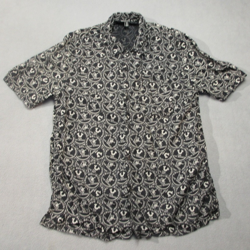 True Religion Shirt Mens Small Black White Y2K Logo All Over Print AOP Button Up